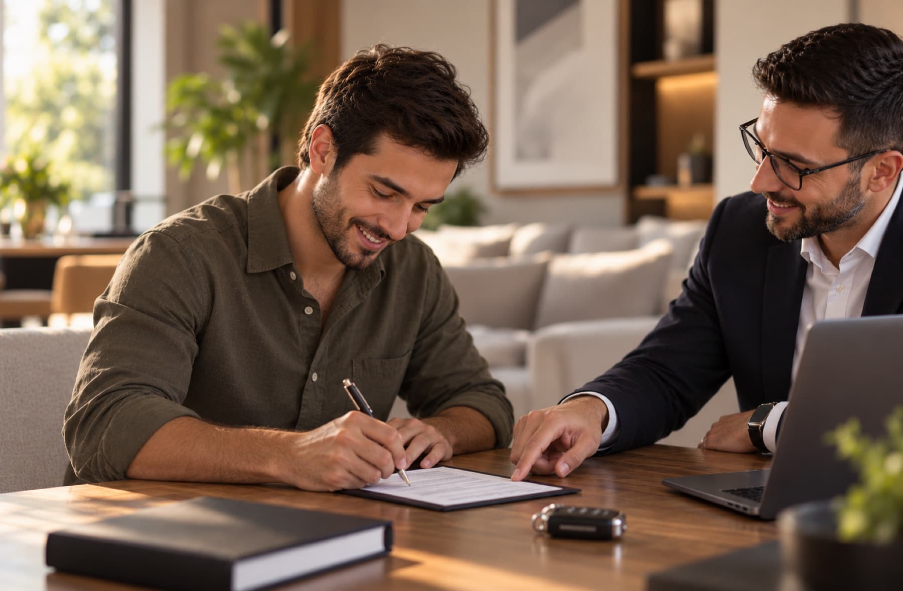 Casal assinando o contrato de compra do carro em casa