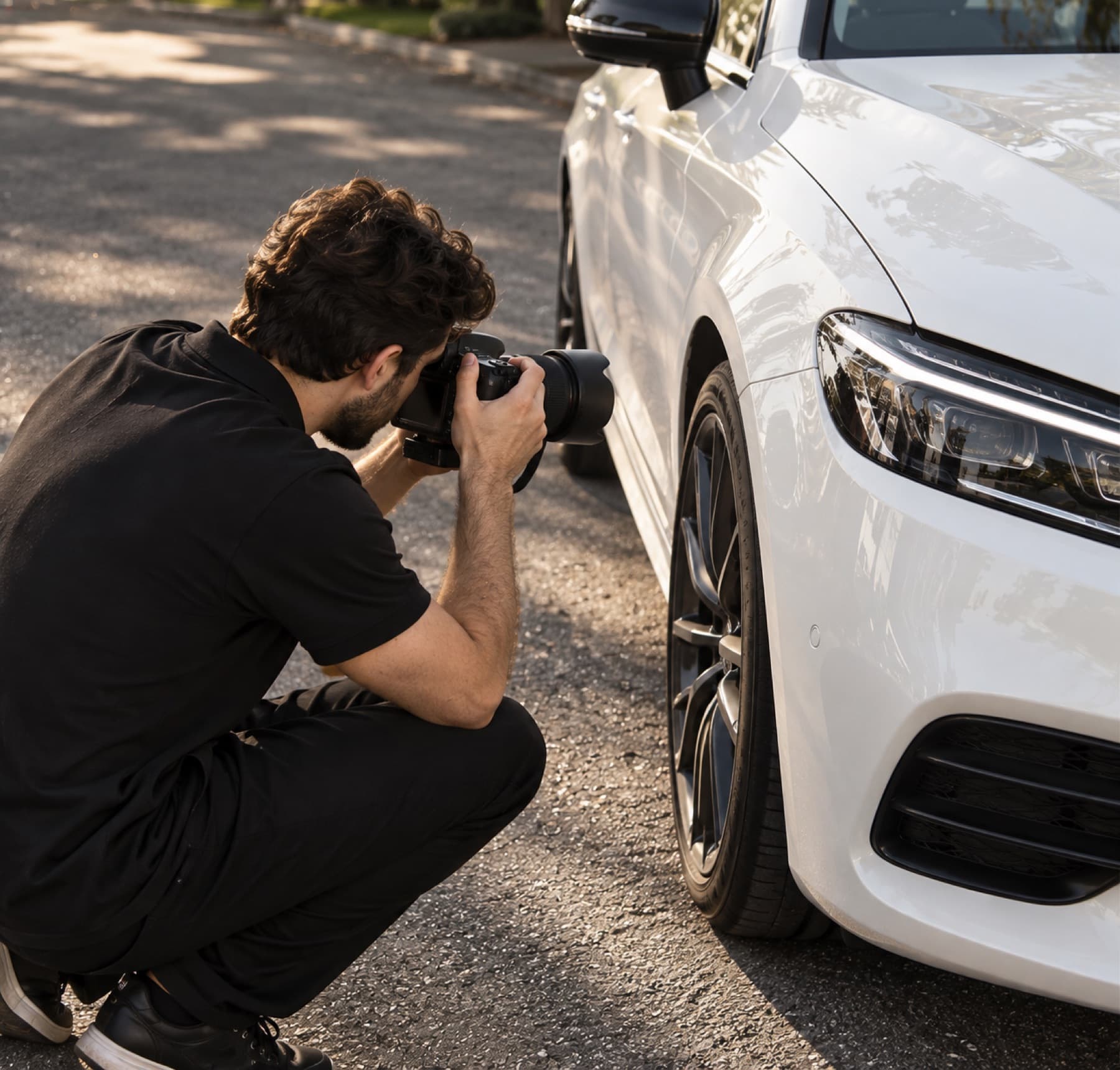 Fotógrafo registrando os detalhes de um carro branco