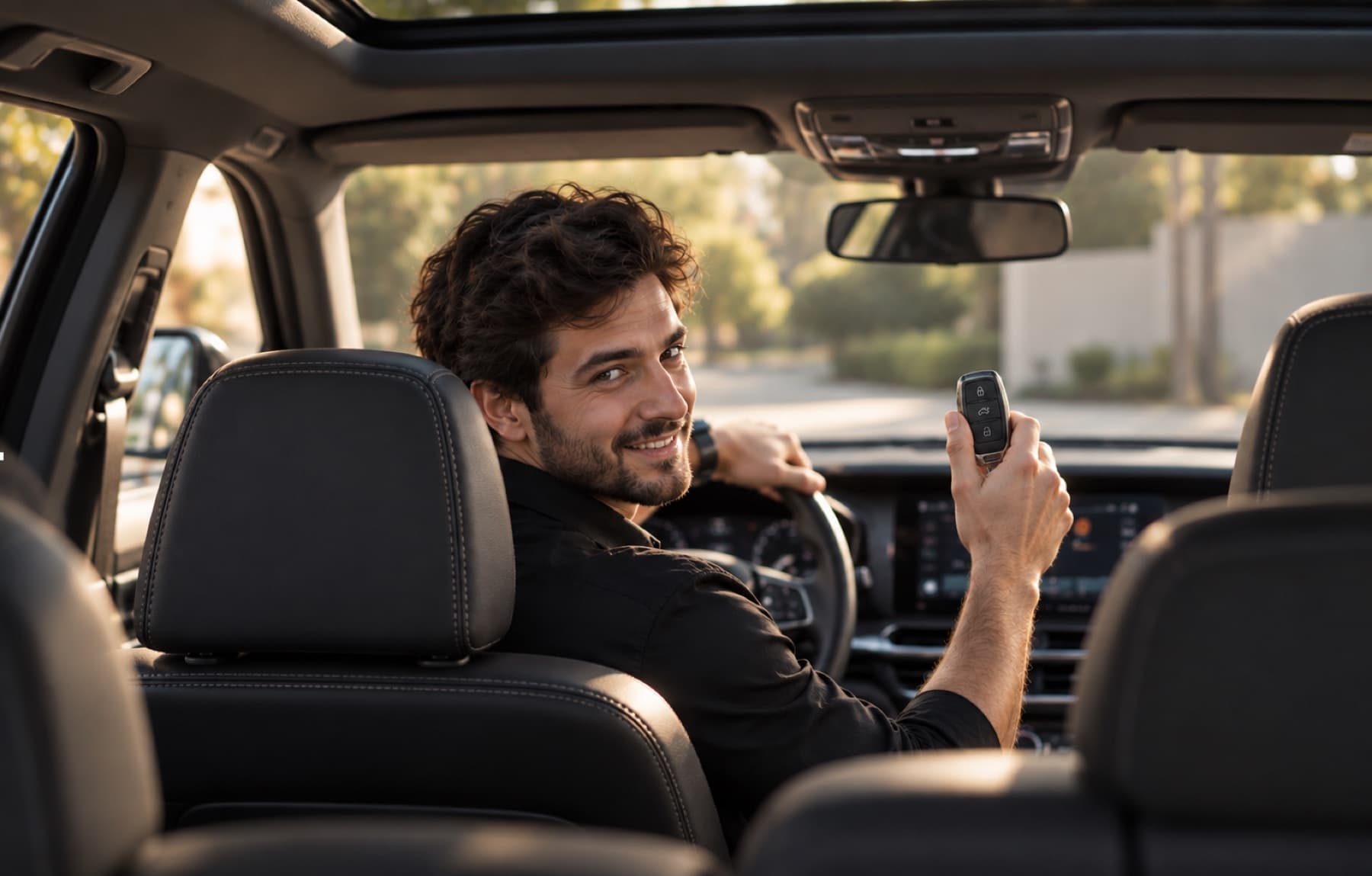 Motorista sorrindo e mostrando a chave do carro recém-comprado