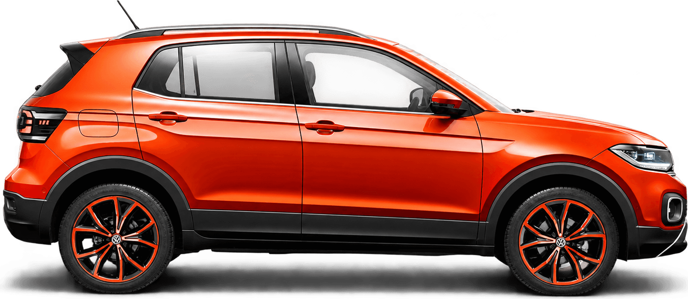 Volkswagen T-Cross laranja de perfil, o carro usado como exemplo